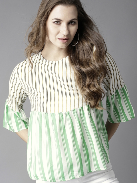 

Moda Rapido Women White & Green Striped A-Line Top