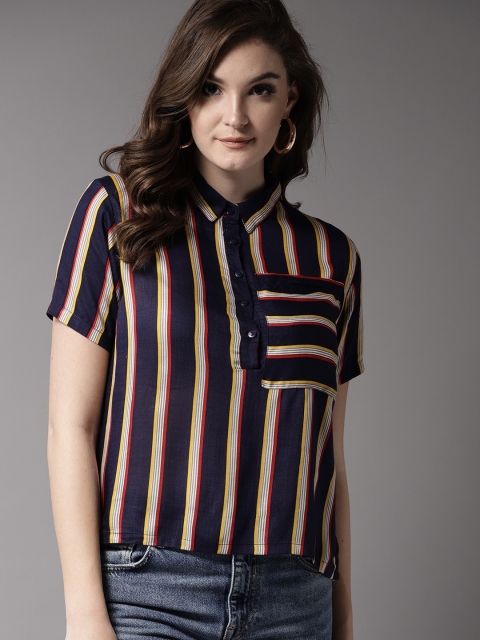 

HERE&NOW Women Navy Blue Striped Shirt Style Top