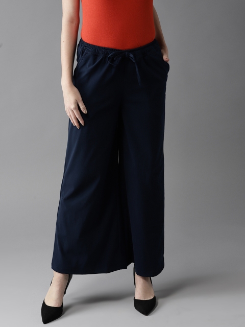 

HERE&NOW Women Navy Regular Fit Solid Palazzos, Navy blue