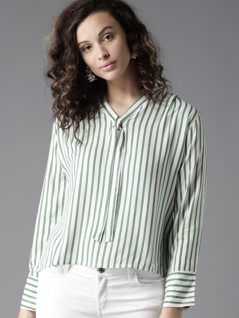 

Moda Rapido Women White & Green Striped Top