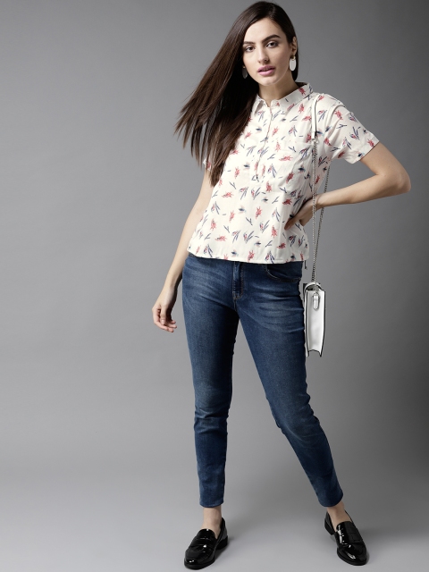 

HERE&NOW Women White & Navy Blue Printed Shirt Style Top