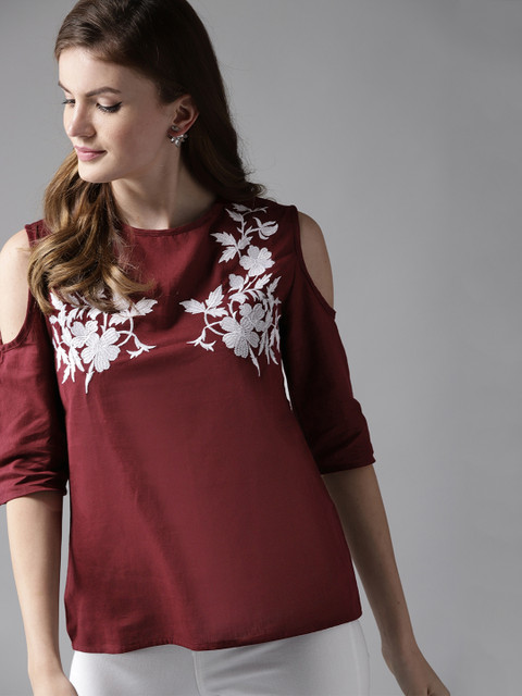 

HERE&NOW Women Maroon Embroidered Top