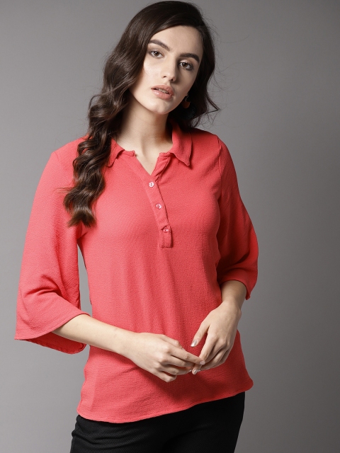 

HERE&NOW Women Coral Orange Solid Shirt Style Top