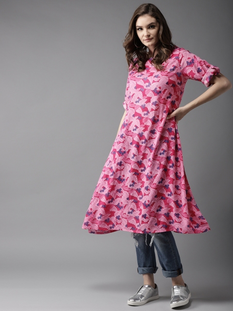 

HERE&NOW Women Pink & Blue Printed A-Line Kurta
