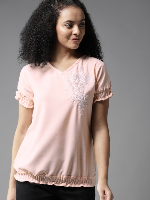 

HERE&NOW Women Peach-Coloured Solid Blouson Top