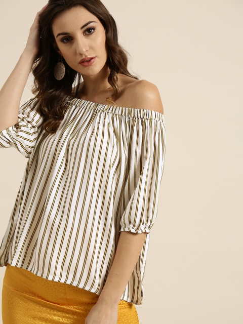 

Moda Rapido Women White & Yellow Striped Bardot Top