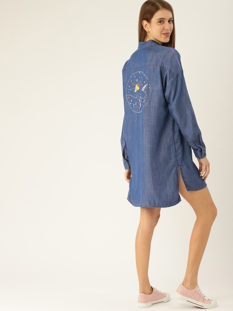 

ESPRIT Women Blue Regular Fit Chambray Solid Longline Casual Shirt