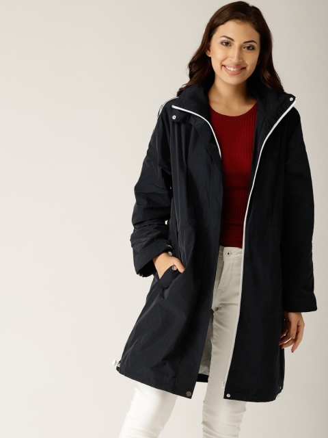 

ESPRIT Women Navy Blue Solid Duster Jacket with Detachable Hood