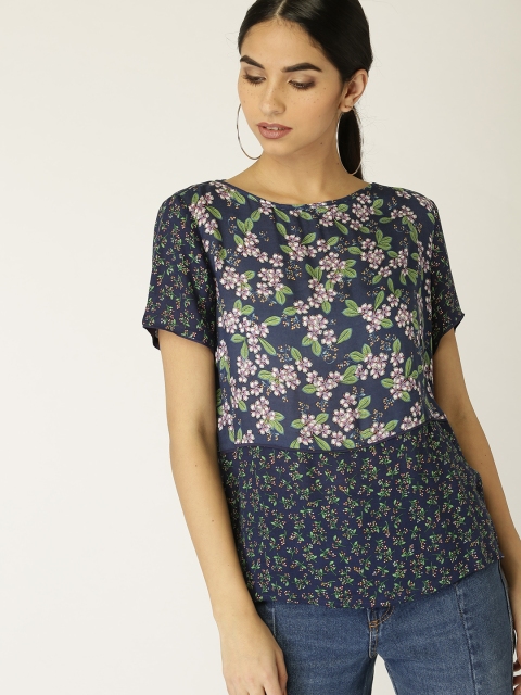 

ESPRIT Women Navy Blue & Green Printed Top