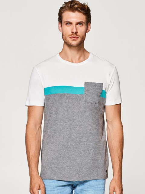 

ESPRIT Men Grey Melange & White Colourblocked Round Neck T-shirt