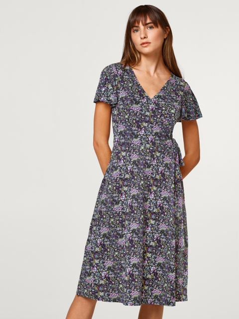 

ESPRIT Women Navy Blue & Purple Printed Wrap Dress