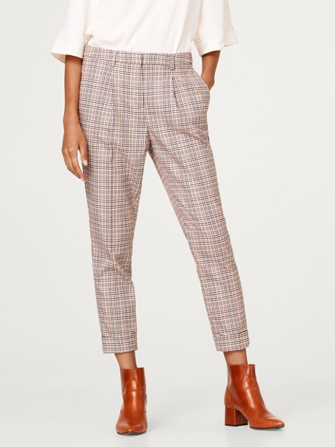 

ESPRIT Women Off-White & Brown Regular Fit Checked Trousers