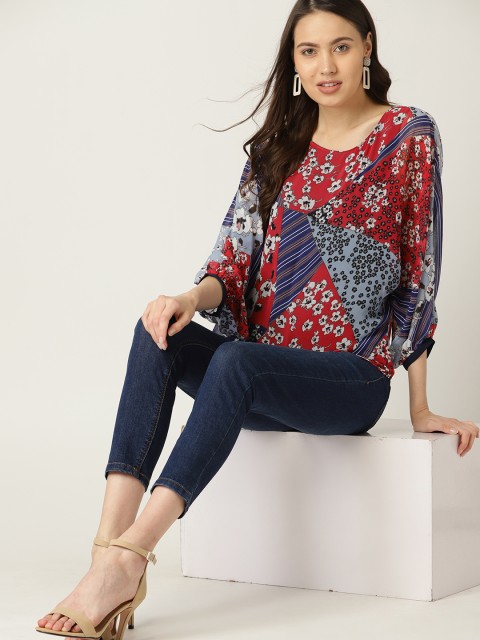 

ESPRIT Women Blue & Red Floral Print Boxy Top
