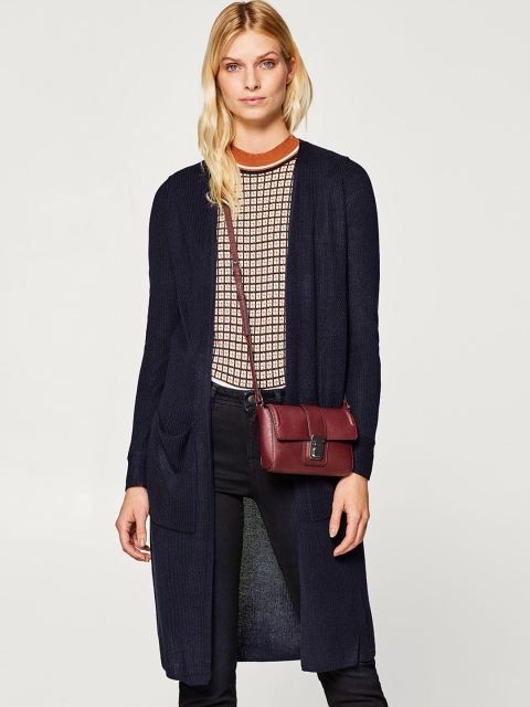 

ESPRIT Women Navy Blue Ribbed Longline Front-Open Sweater