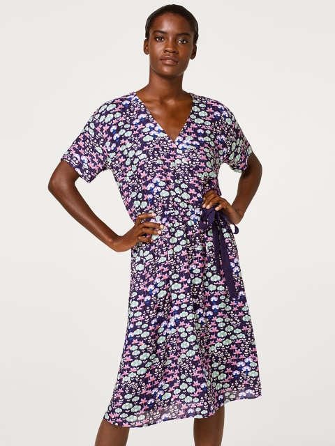 

ESPRIT Women Navy Blue & Purple Printed Wrap Dress