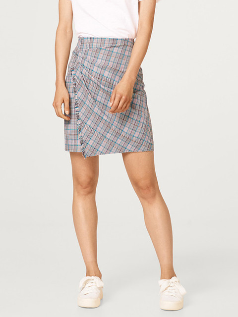 

ESPRIT Women Blue & Black Checked Mini Wrap Skirt