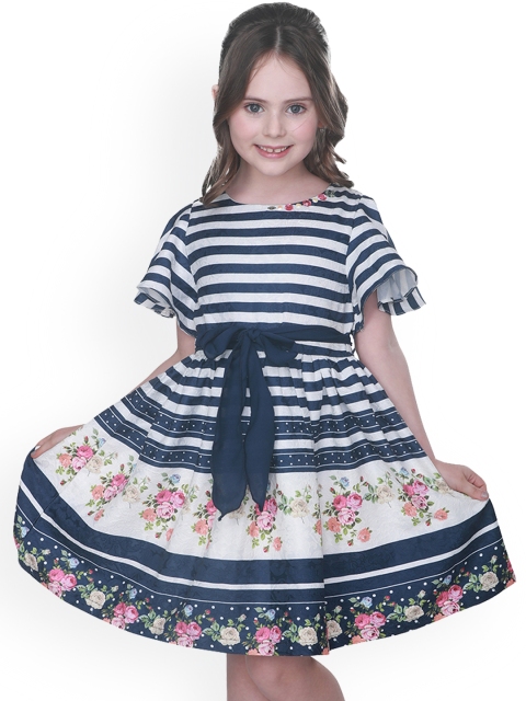 

CUTECUMBER Girls Navy Blue Printed Fit and Flare Dress