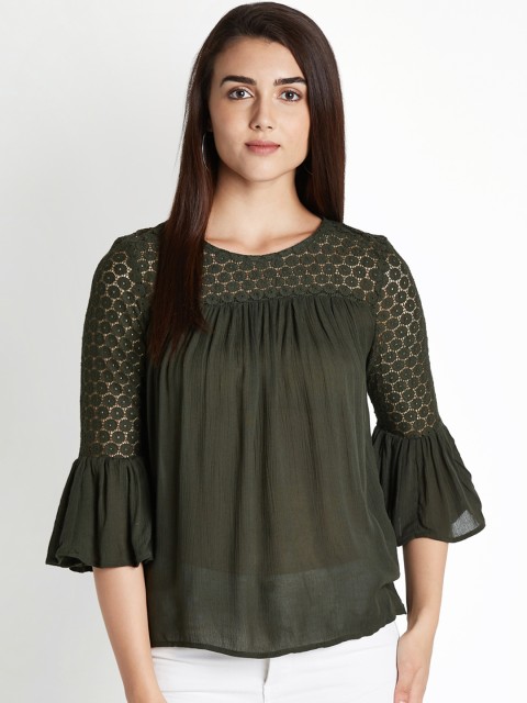 

Honey by Pantaloons Women Olive Green Self Design A-Line Top