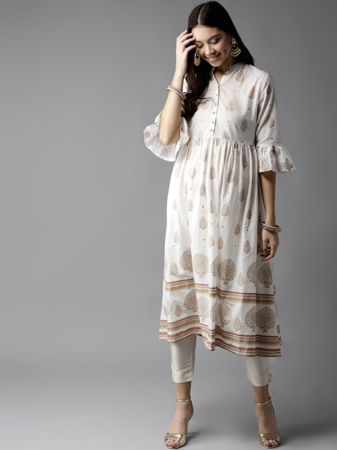 

Moda Rapido Women Off-White & Golden Printed A-Line Kurta