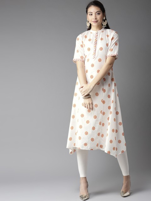 

Moda Rapido Women Off-White & Yellow Printed Asymmetric A-Line Kurta