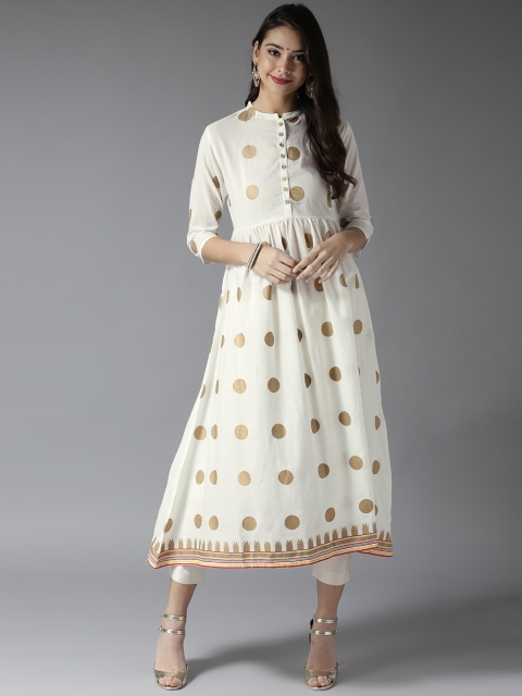 

Moda Rapido Women Off-White & Golden Printed A-Line Kurta