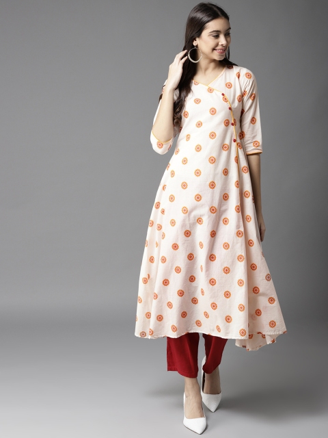 

Moda Rapido Women White & Yellow Printed A-Line Angrakha Kurta