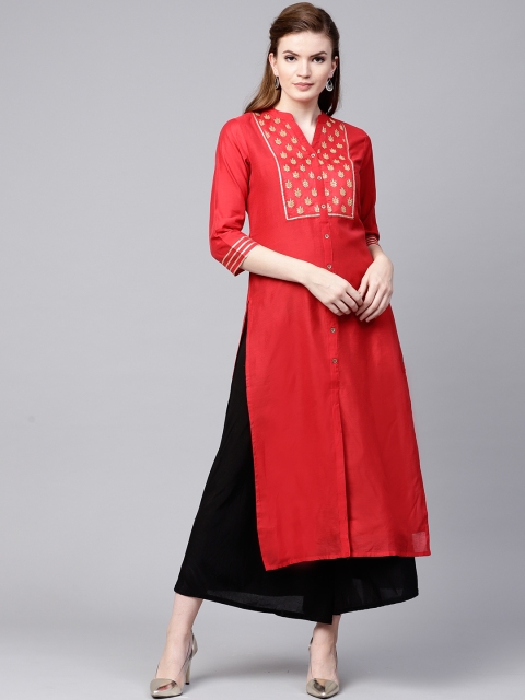 

Varanga Red Embroidered A Line Chanderi Kurta