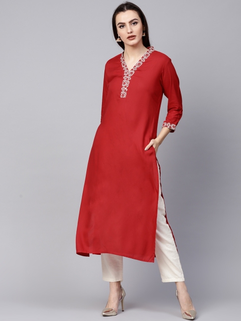 

Varanga Women Red Solid Straight Kurta