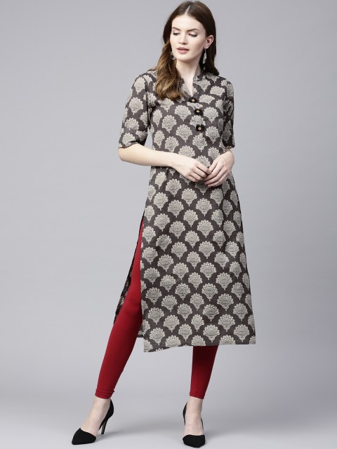 

Varanga Women Charcoal Grey & Beige Printed Straight Kurta