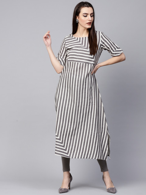 

Varanga Women Grey & Off-White Striped A-Line Kurta