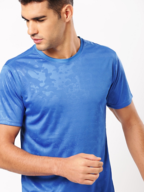 

ether e+ Men Blue Self Design Round Neck T-shirt with e-Dry Technology