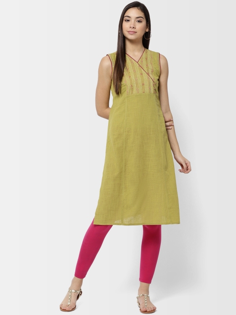 

Fabindia Women Lime Green Hand Embroidered Yoke Design Straight Kurta