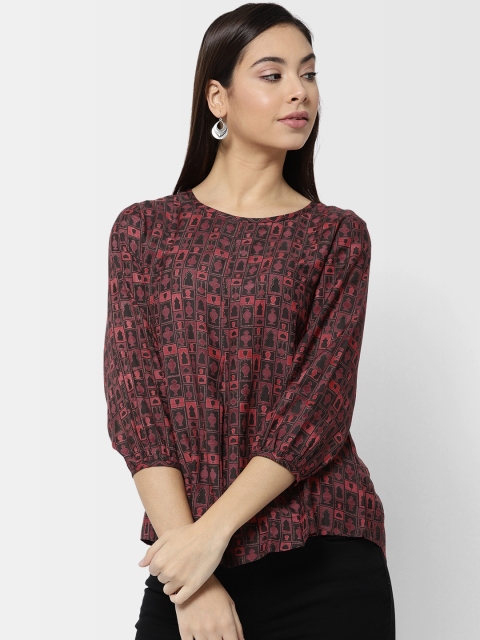 

Fabindia Women Black & Maroon Printed Pleated A-Line Top