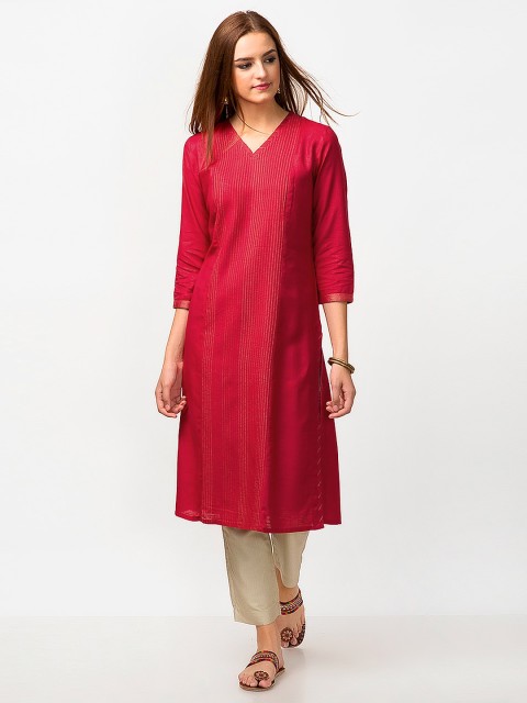 

Fabindia Women Red Self Striped Straight Kurta