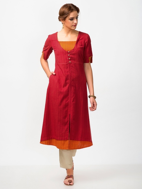 

Fabindia Women Red Slim Fit Woven Design Slim Fit A-Line Kurta