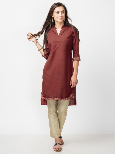 

Fabindia Women Rust Brown Striped Straight Kurta