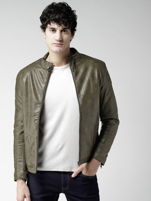 

Fort Collins Men Olive Green Solid Biker Jacket