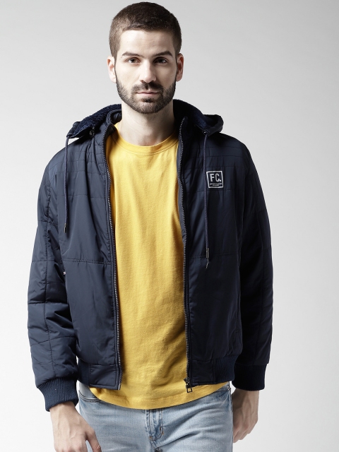 

Fort Collins Men Navy Blue Hooded Solid Bomber Jacket