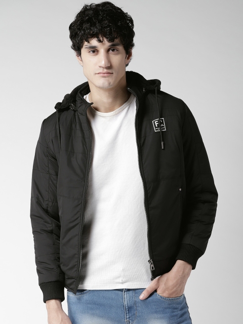 

Fort Collins Men Black Solid Bomber Jacket with Detachable Hood
