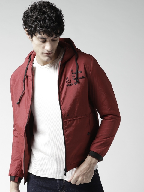 

Fort Collins Men Maroon Solid Hooded Bomber Jacket