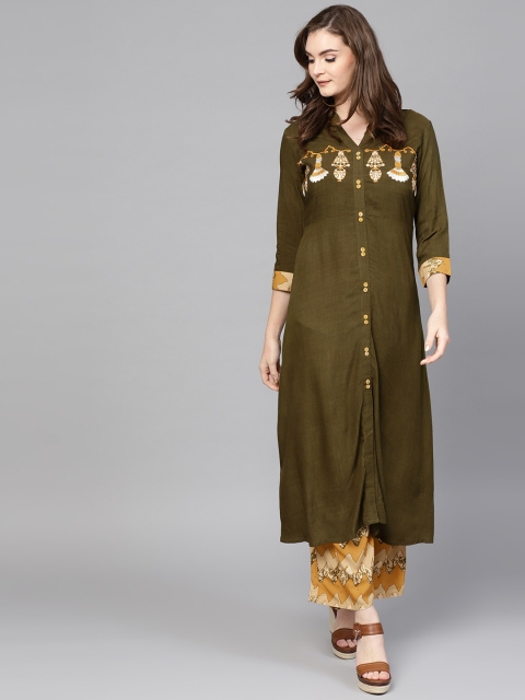 

Yufta Women Olive Green & Mustard Yellow Solid Kurta with Palazzos