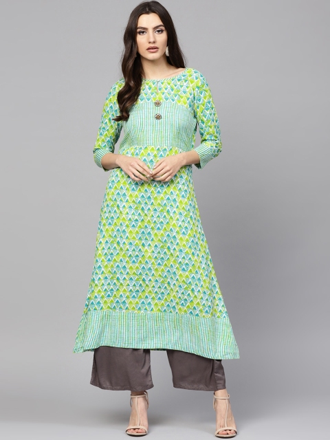 

Yufta Women Green & Blue Printed A-Line Kurta