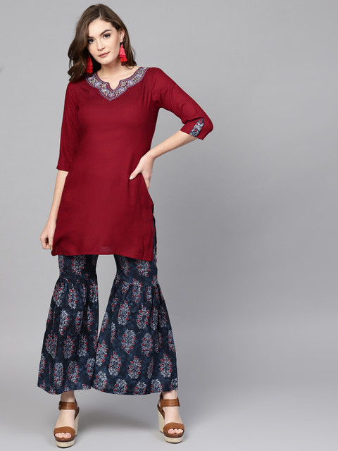 

Yufta Women Maroon & Navy Blue Solid Kurta with Sharara