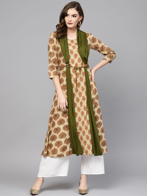 

Yufta Women Beige & Olive Green Printed A-Line Kurta with Attached Draped Dupatta