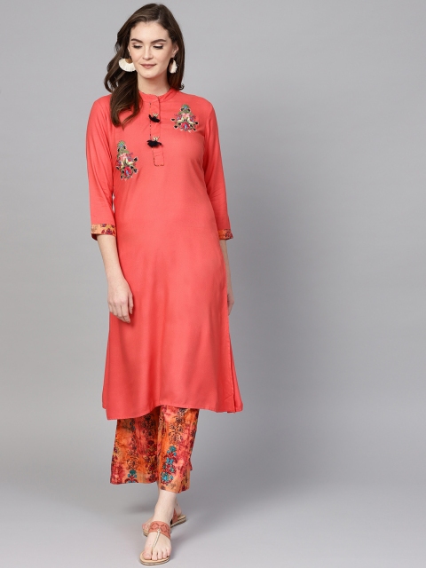 

Yufta Women Coral Pink Embroidered Kurta with Palazzos
