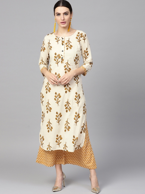 

Yufta Women Off-White & Mustard Brown Printed Kurta with Palazzos