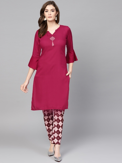 

Yufta Women Burgundy & White Solid Kurta with Trousers