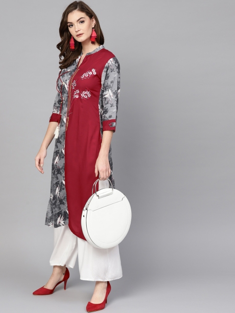 

Yufta Women Grey & Maroon Printed Straight Kurta