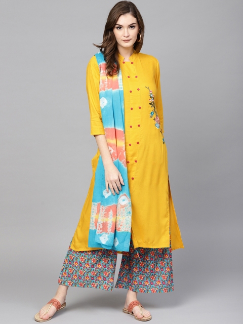 

Yufta Women Mustard Yellow & Blue Solid Kurta with Palazzos & Dupatta