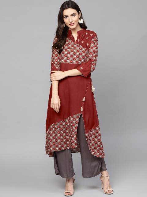 

Yufta Women Rust Brown & Grey Printed Angrakha A-Line Asymmetric Kurta